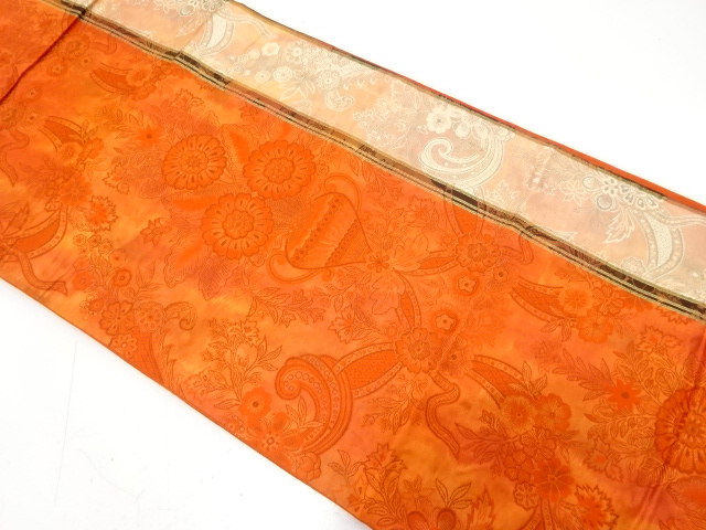 縞に花更紗模様織り出し　袋帯